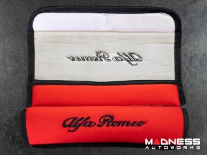 Seat Belt Shoulder Pads - set of 2 - Red w/ Alfa Romeo Logo + Black Binding